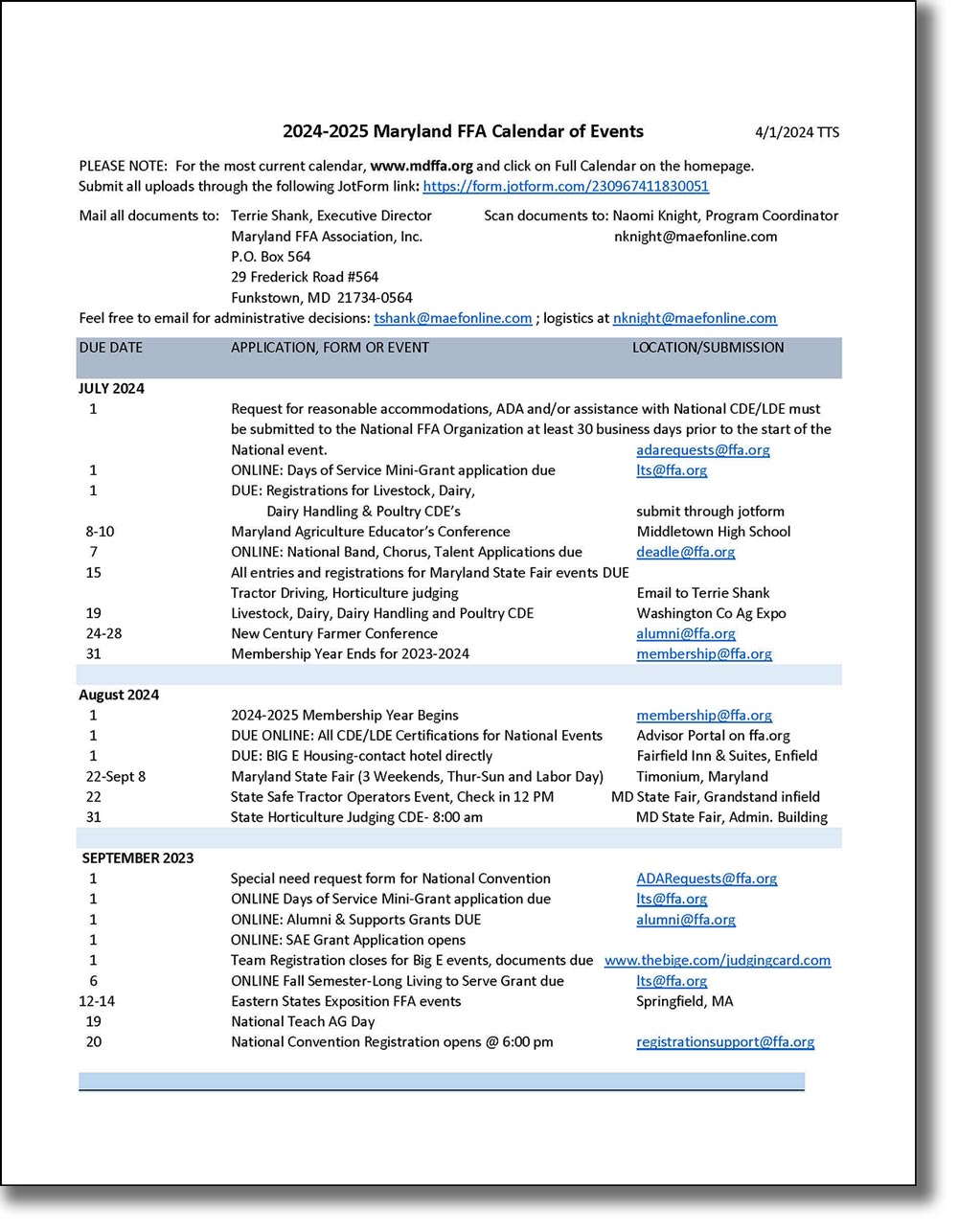 2024-2025 MDFFA Calendar of Events