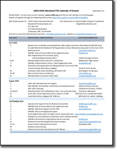 2024-2025 MDFFA Calendar of Events