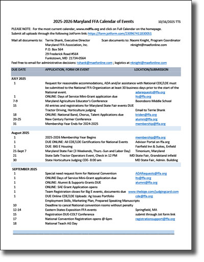 2025-2026 MDFFA Calendar of Events